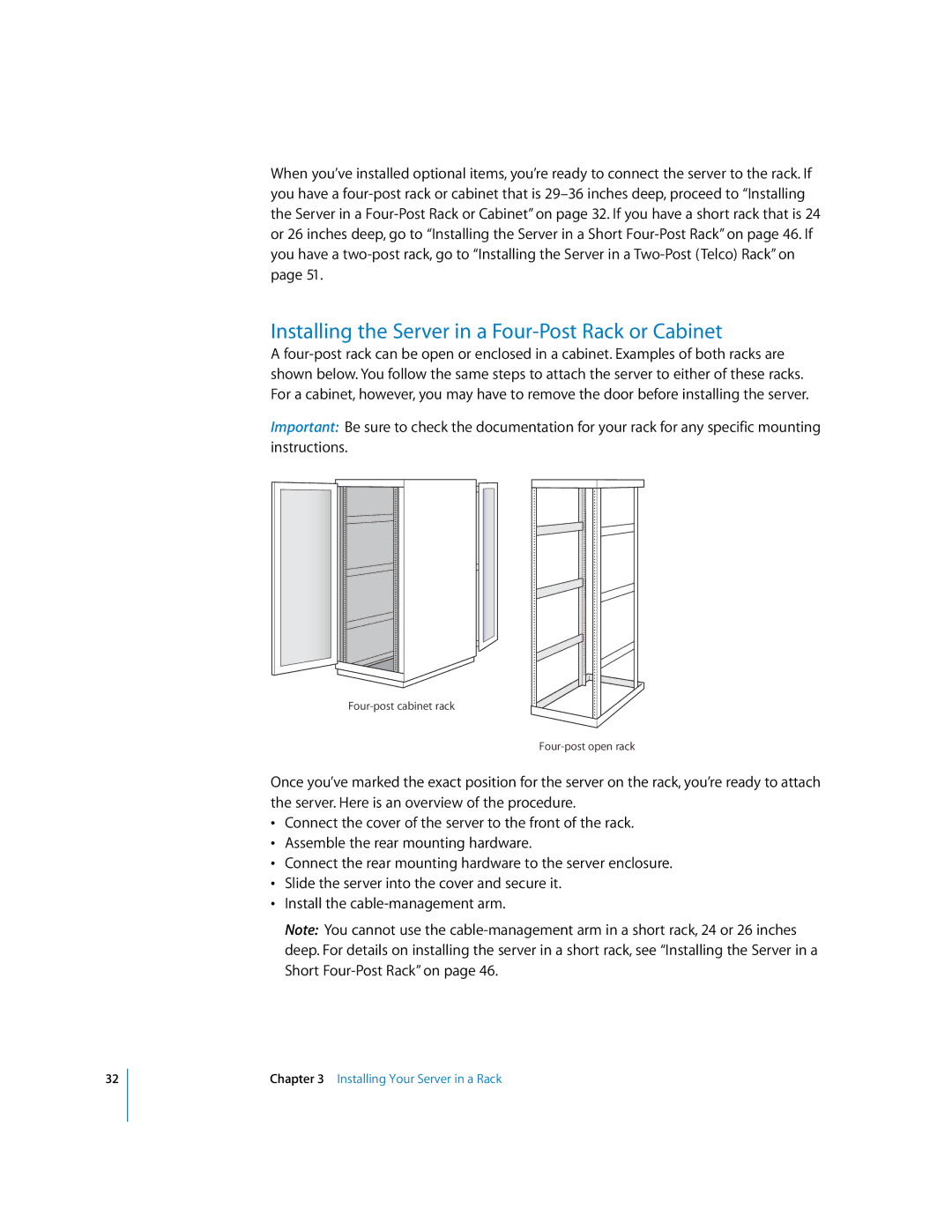 Apple G5 specifications Installing the Server in a Four-Post Rack or Cabinet 