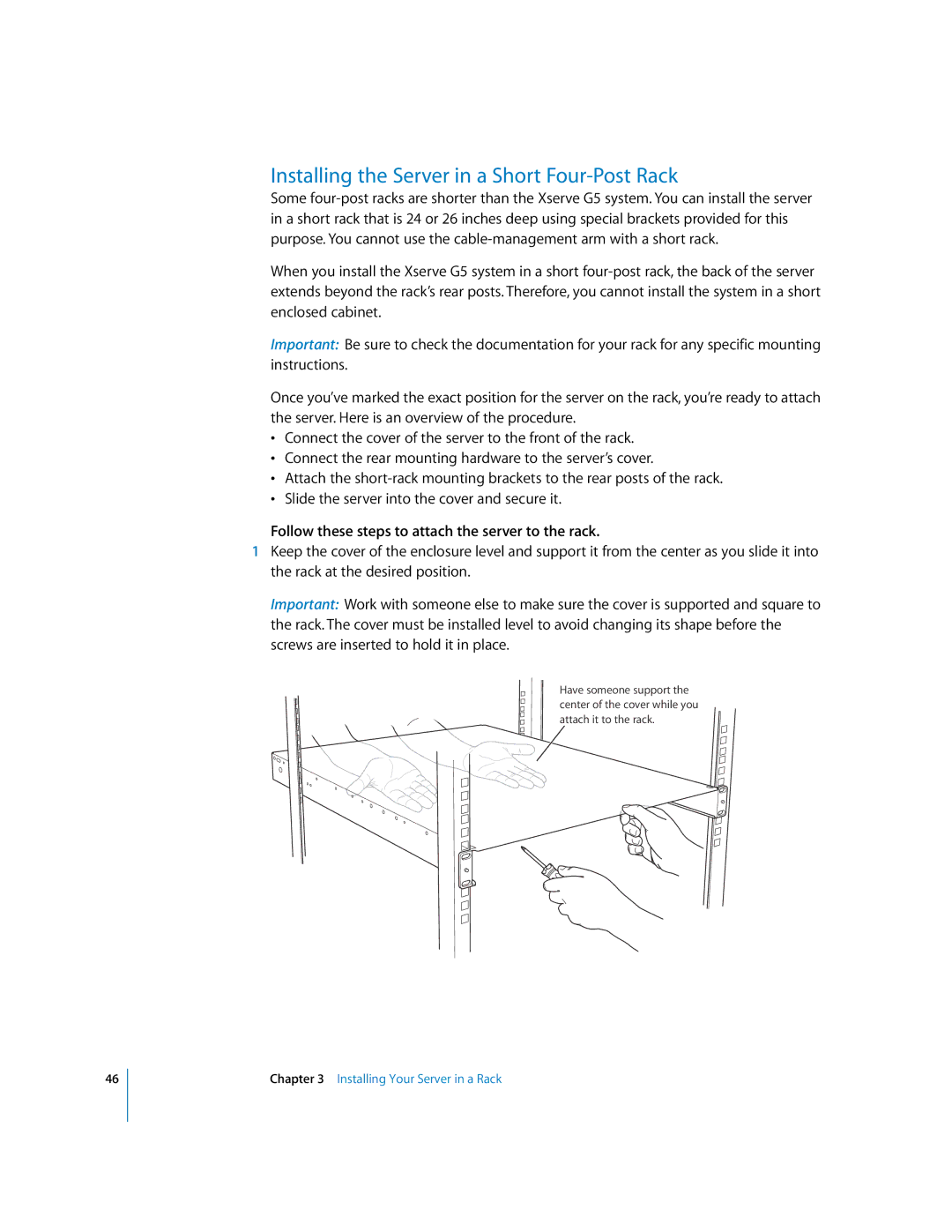 Apple G5 Installing the Server in a Short Four-Post Rack, Follow these steps to attach the server to the rack 