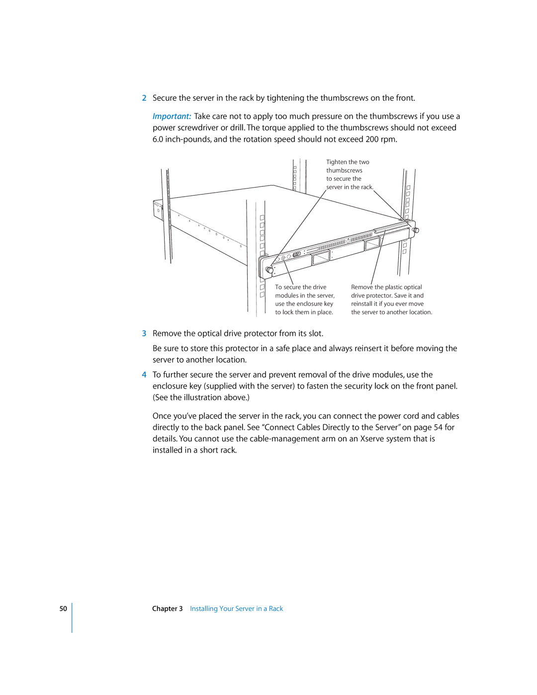 Apple G5 specifications Tighten the two thumbscrews to secure the server in the rack 