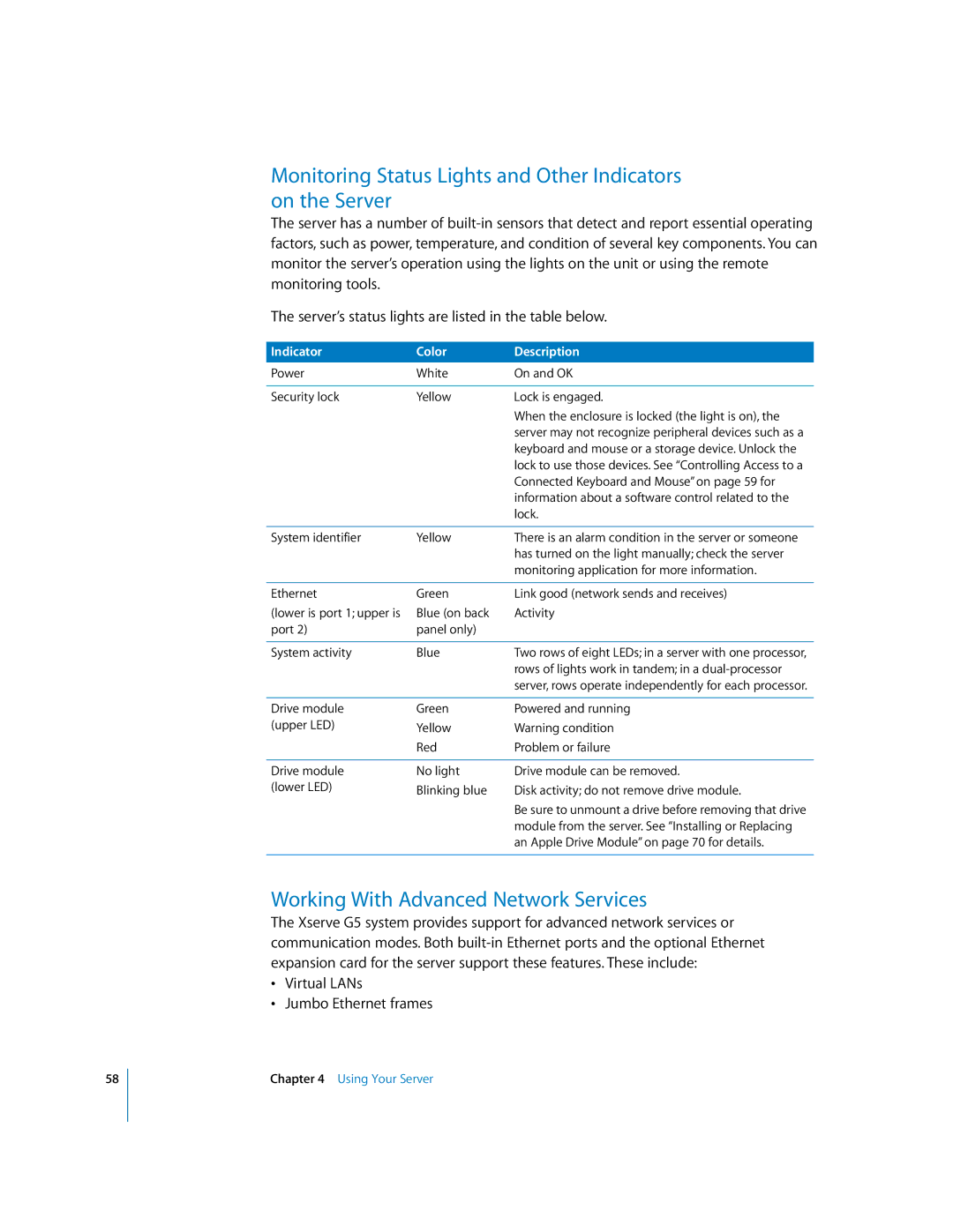 Apple G5 specifications Monitoring Status Lights and Other Indicators on the Server, Working With Advanced Network Services 