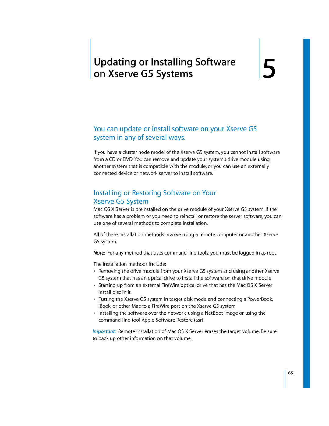 Apple specifications On Xserve G5 Systems, Installing or Restoring Software on Your Xserve G5 System 