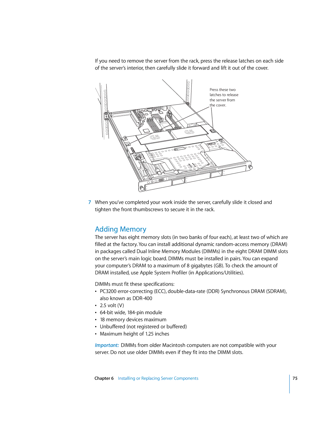 Apple G5 specifications Adding Memory 