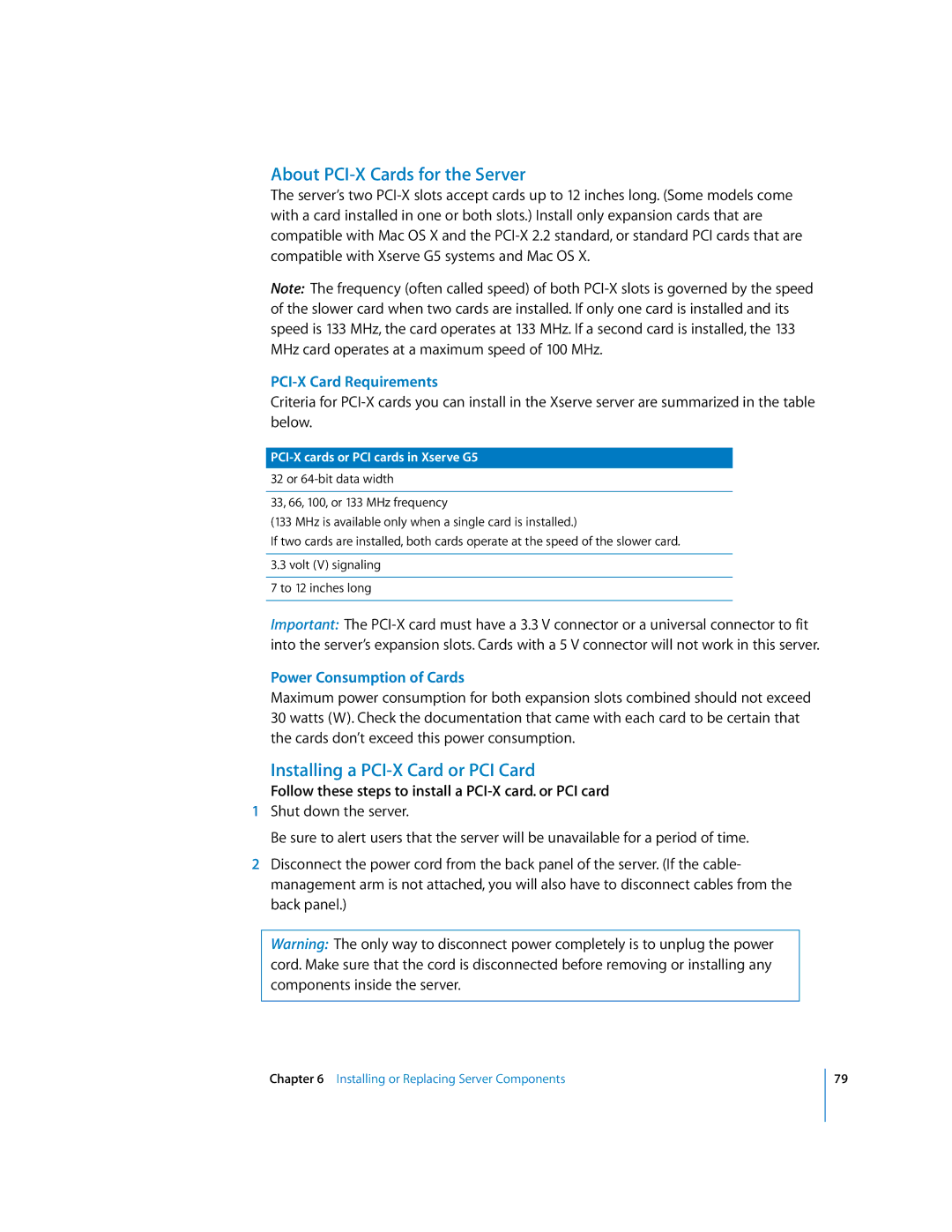 Apple G5 specifications About PCI-X Cards for the Server, Installing a PCI-X Card or PCI Card 