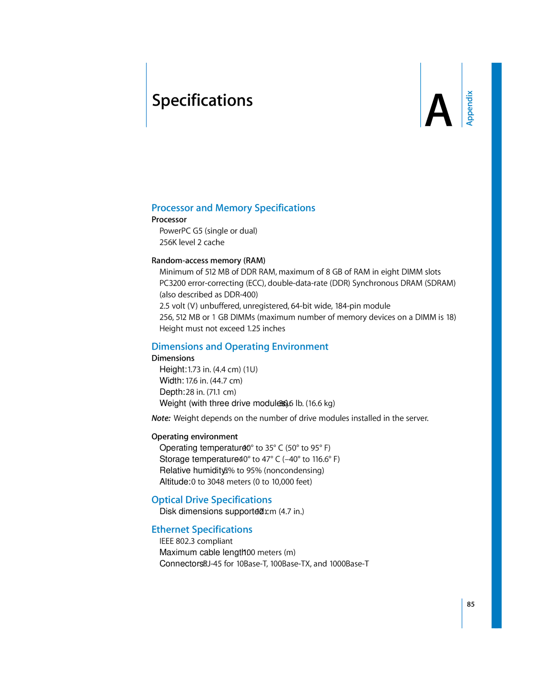 Apple G5 Processor and Memory Specifications, Dimensions and Operating Environment, Optical Drive Specifications 