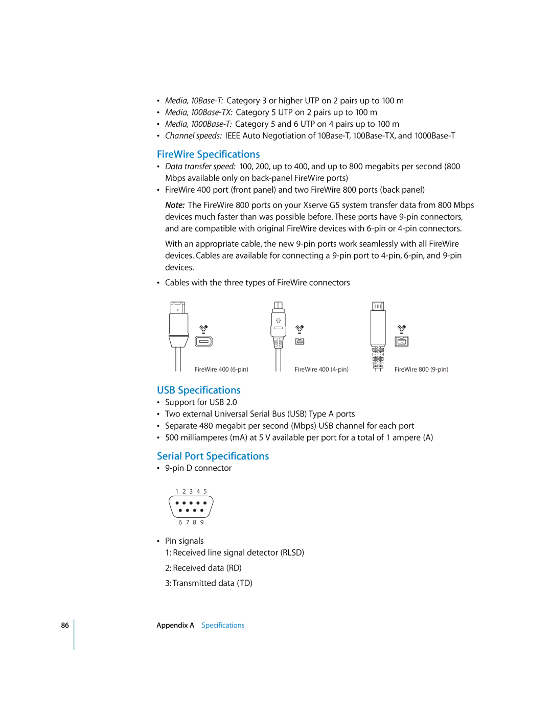 Apple G5 specifications FireWire Specifications, USB Specifications, Serial Port Specifications 