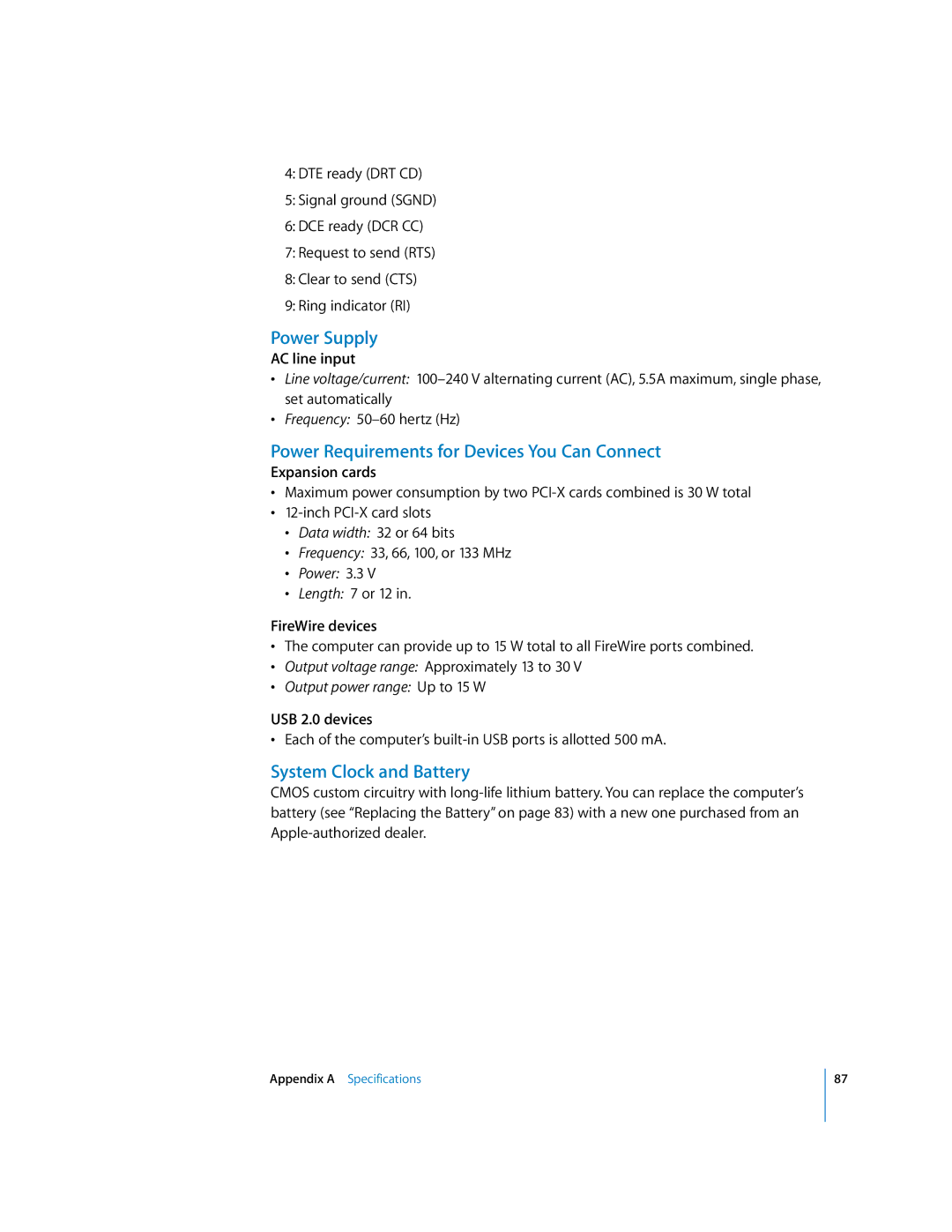 Apple G5 specifications Power Supply, Power Requirements for Devices You Can Connect, System Clock and Battery 