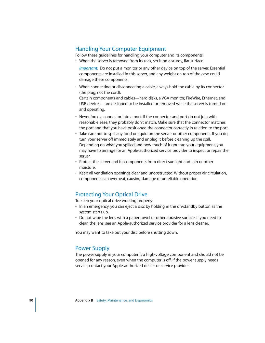 Apple G5 specifications Handling Your Computer Equipment, Protecting Your Optical Drive, Power Supply 