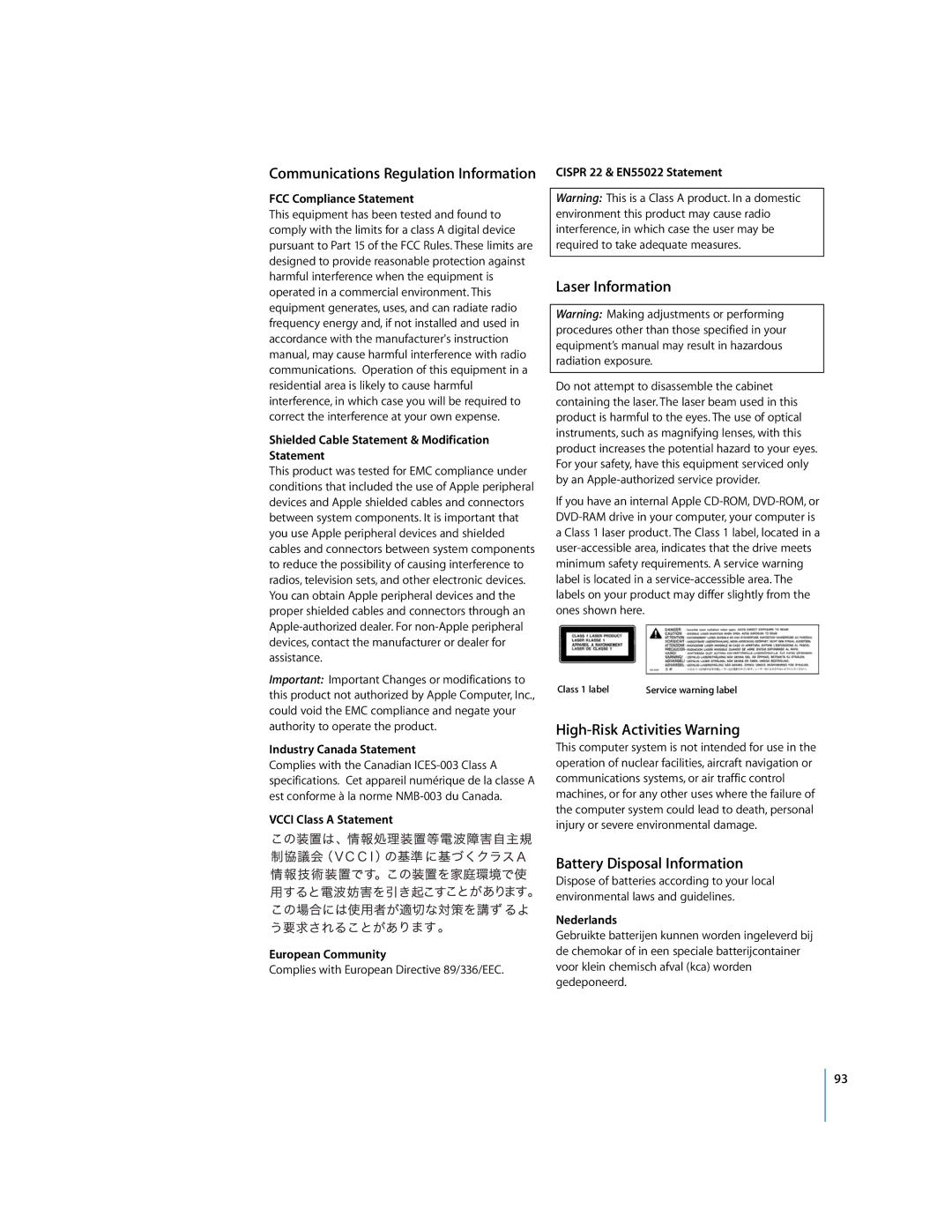 Apple G5 specifications Laser Information, High-Risk Activities Warning, Battery Disposal Information 