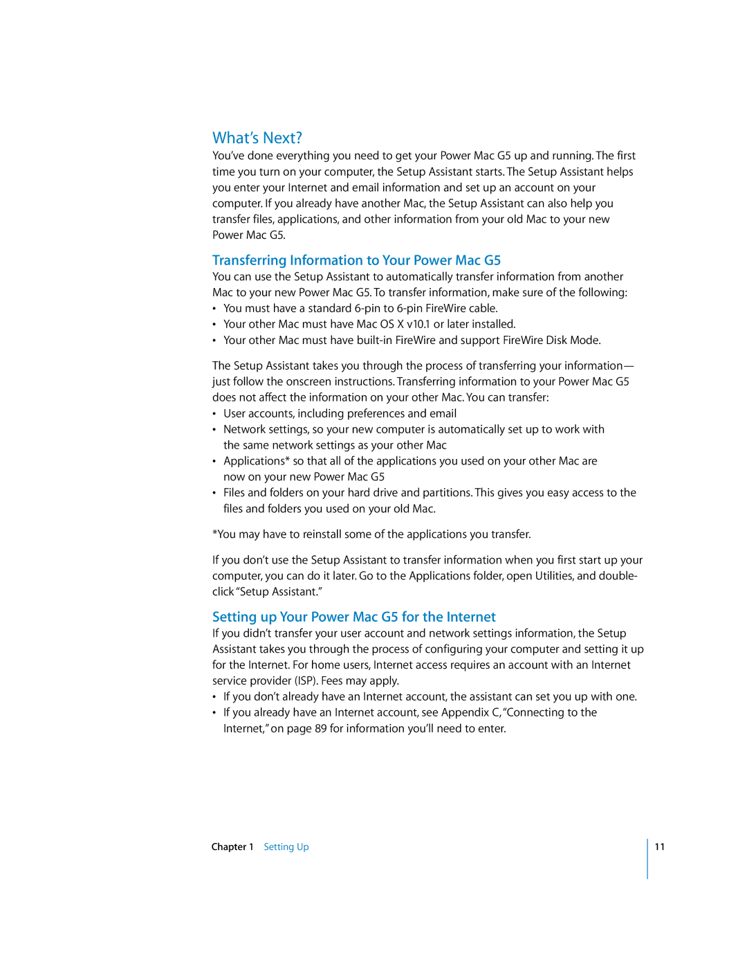 Apple manual What’s Next?, Transferring Information to Your Power Mac G5, Setting up Your Power Mac G5 for the Internet 