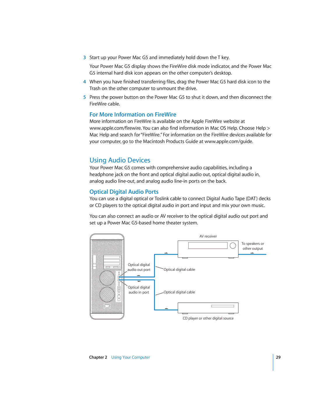 Apple G5 manual Using Audio Devices, For More Information on FireWire, Optical Digital Audio Ports 