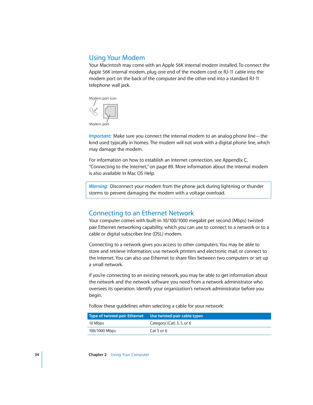 Apple G5 manual Using Your Modem, Connecting to an Ethernet Network 