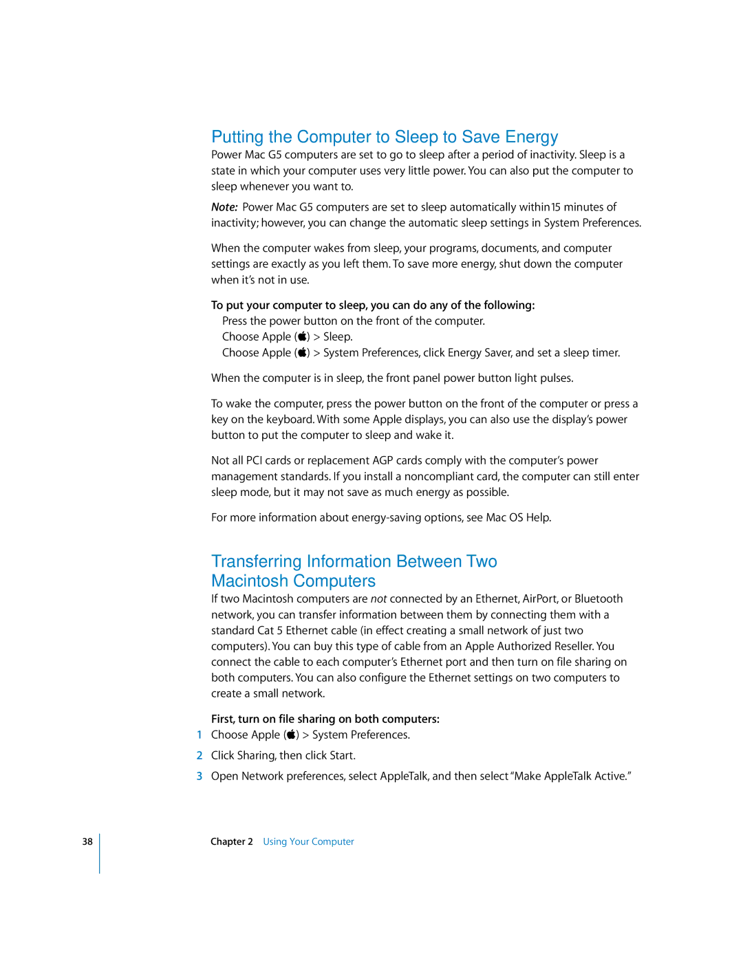 Apple G5 manual Putting the Computer to Sleep to Save Energy, Transferring Information Between Two Macintosh Computers 