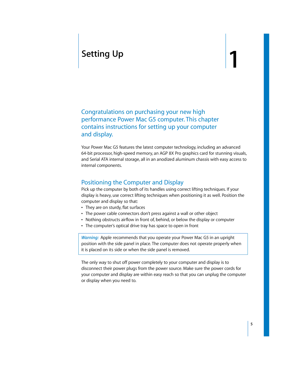 Apple G5 manual 1Setting Up, Positioning the Computer and Display 