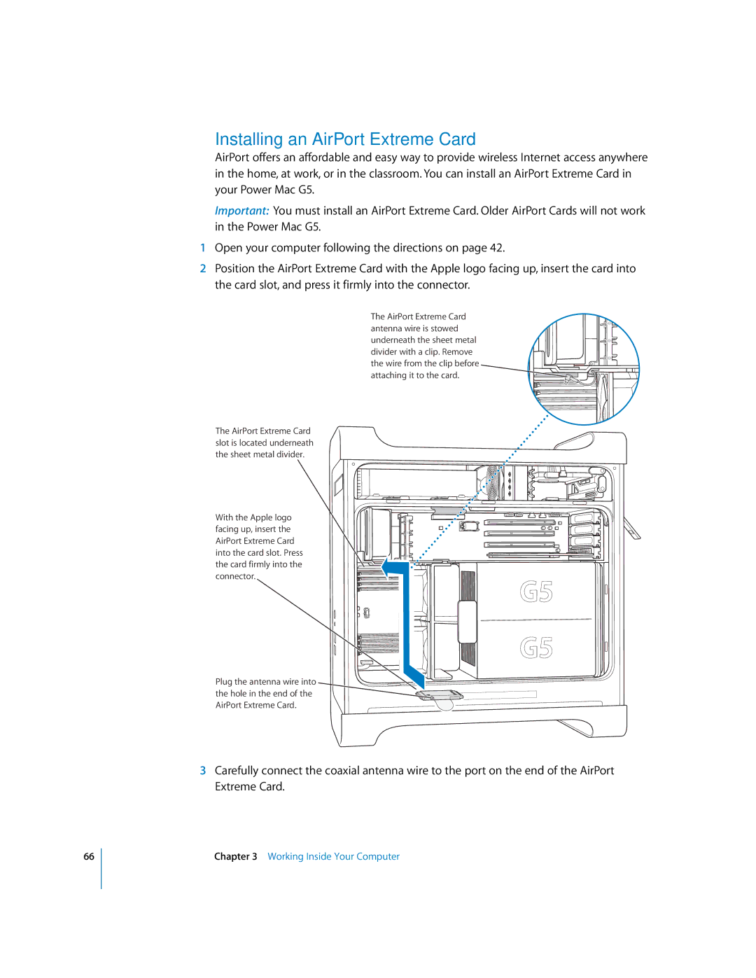 Apple G5 manual Installing an AirPort Extreme Card 