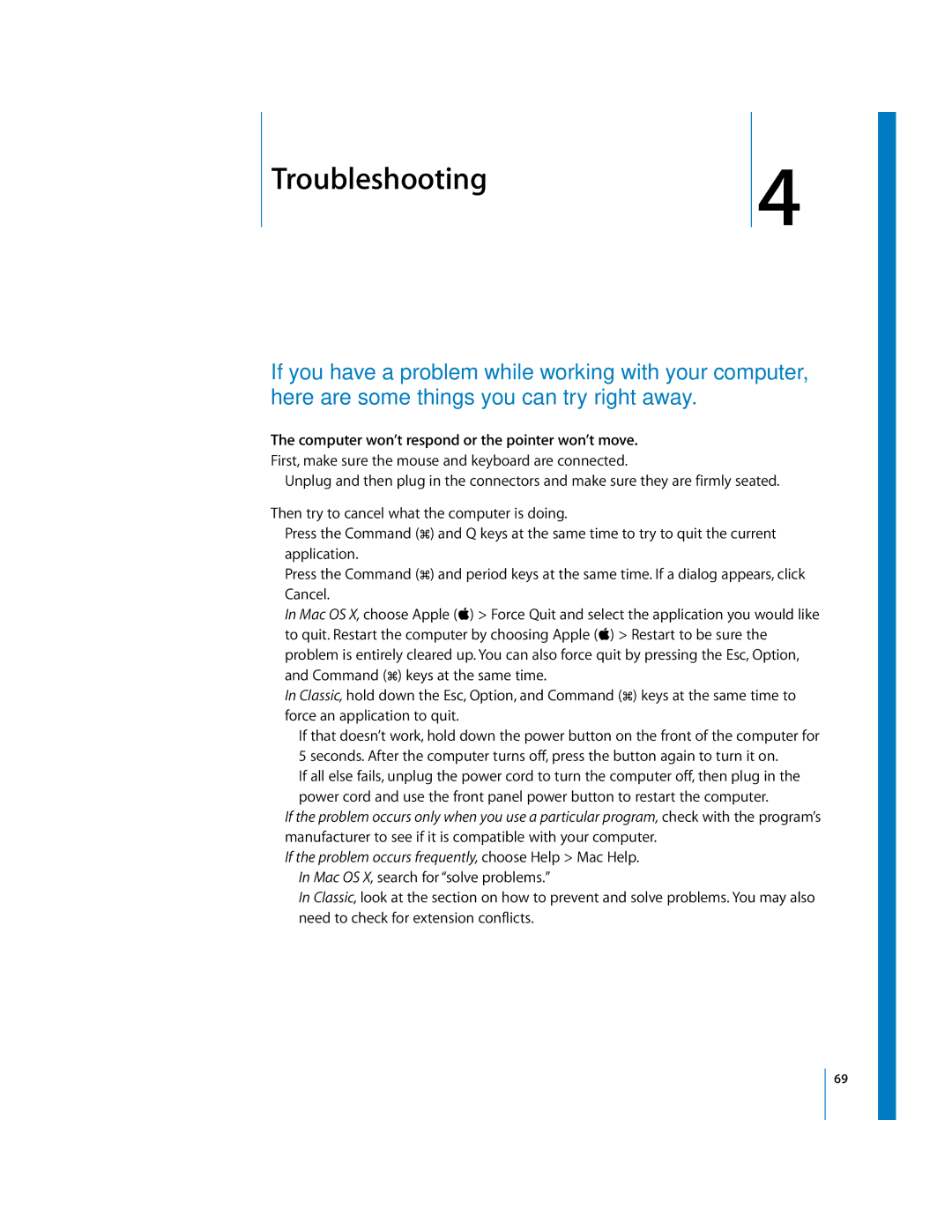 Apple G5 manual 4Troubleshooting, Computer won’t respond or the pointer won’t move 