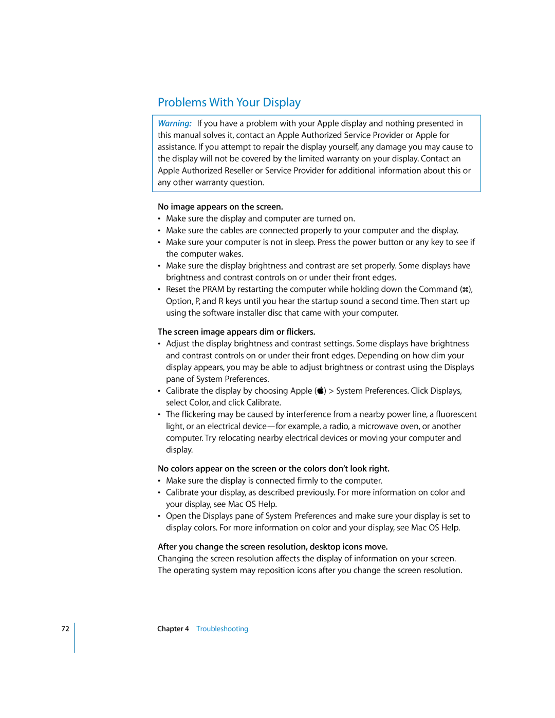 Apple G5 manual Problems With Your Display, No image appears on the screen, Screen image appears dim or flickers 