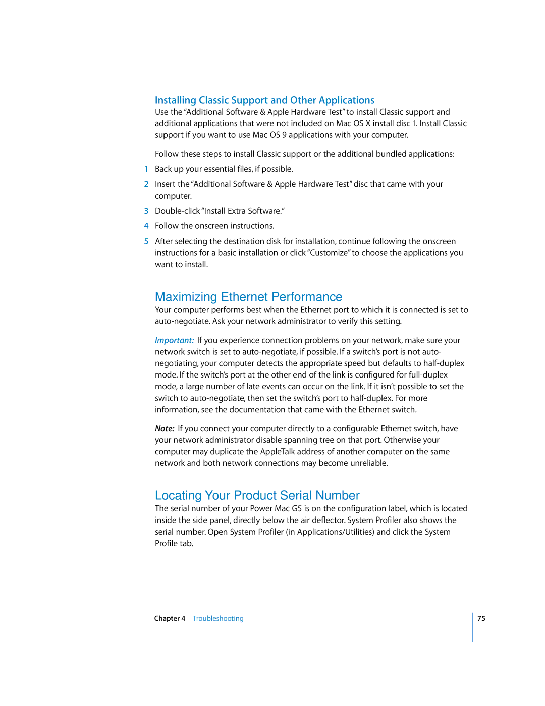 Apple G5 manual Maximizing Ethernet Performance, Locating Your Product Serial Number 