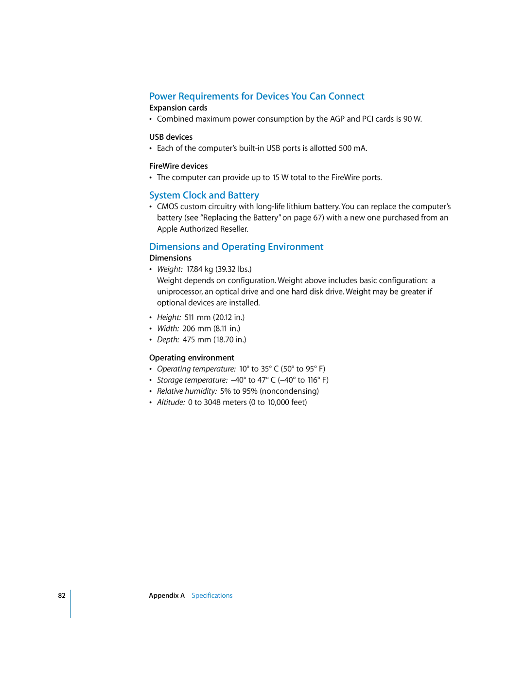 Apple G5 Power Requirements for Devices You Can Connect, System Clock and Battery, Dimensions and Operating Environment 