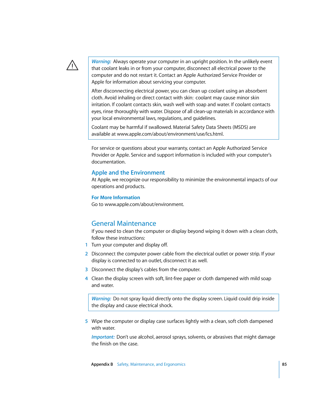 Apple G5 manual General Maintenance, Apple and the Environment 