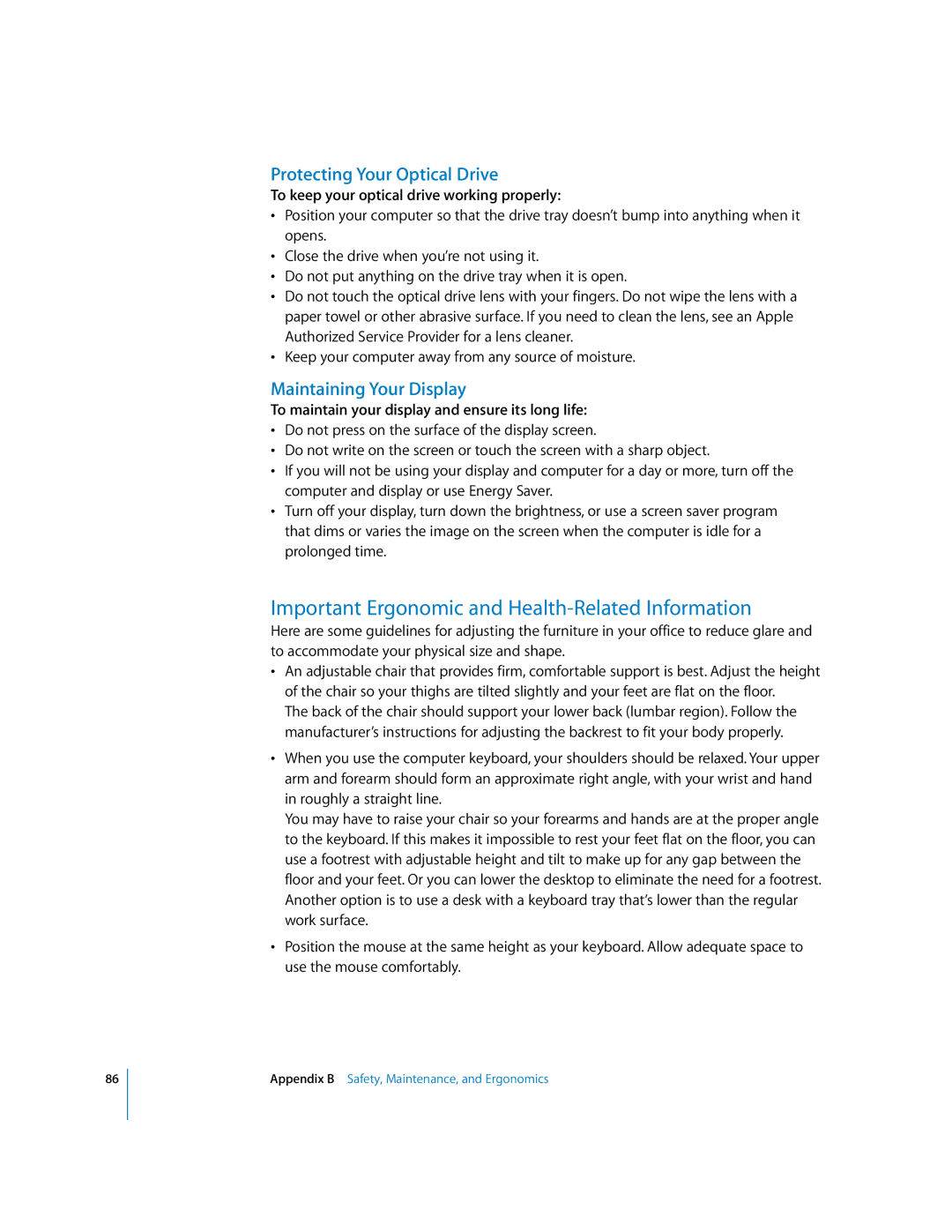 Apple G5 manual Important Ergonomic and Health-Related Information, Protecting Your Optical Drive, Maintaining Your Display 