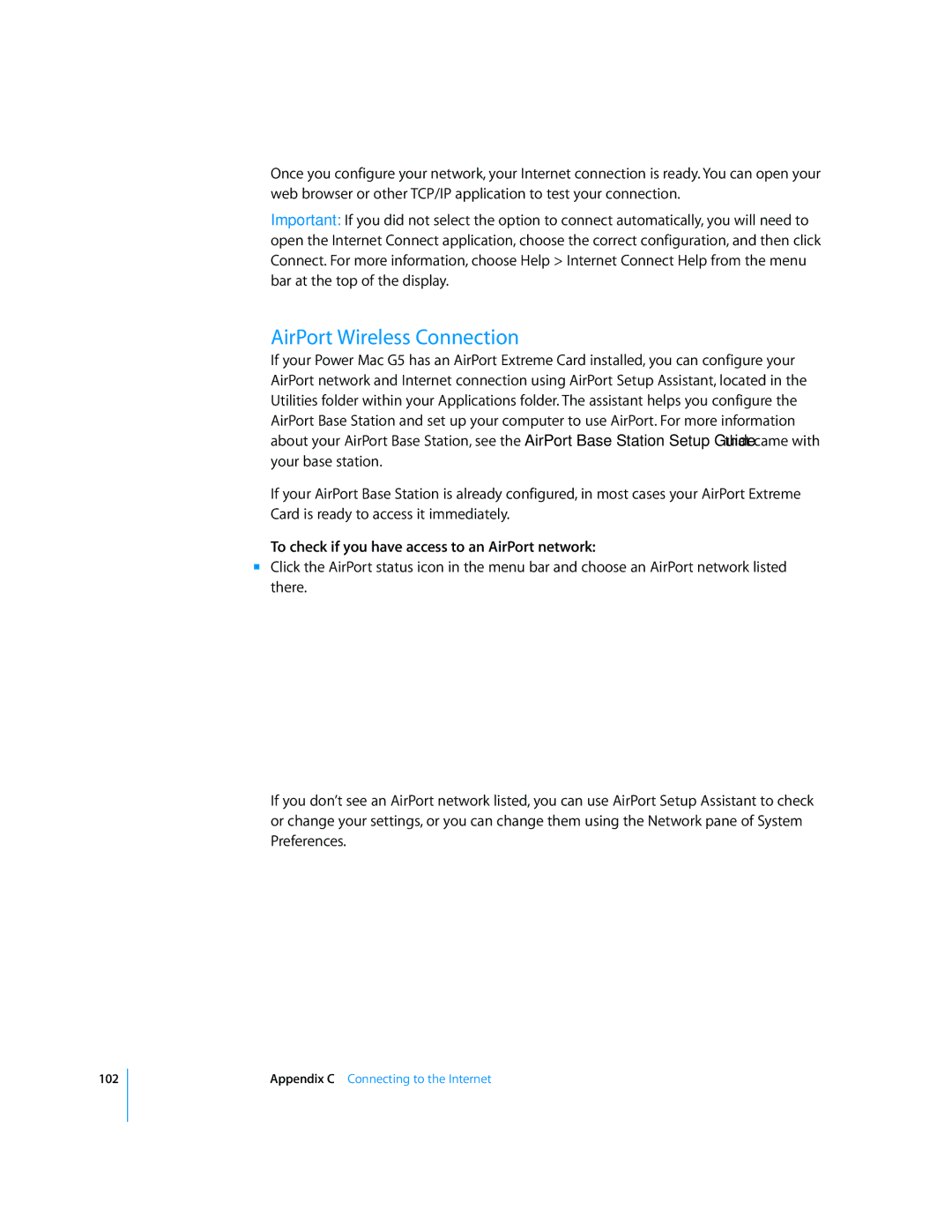 Apple G5 manual AirPort Wireless Connection, To check if you have access to an AirPort network 