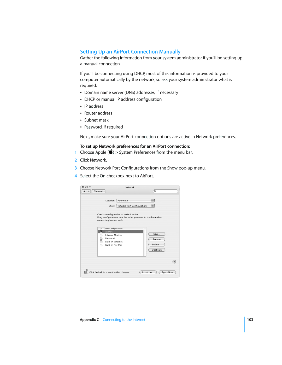 Apple G5 manual Setting Up an AirPort Connection Manually, To set up Network preferences for an AirPort connection 