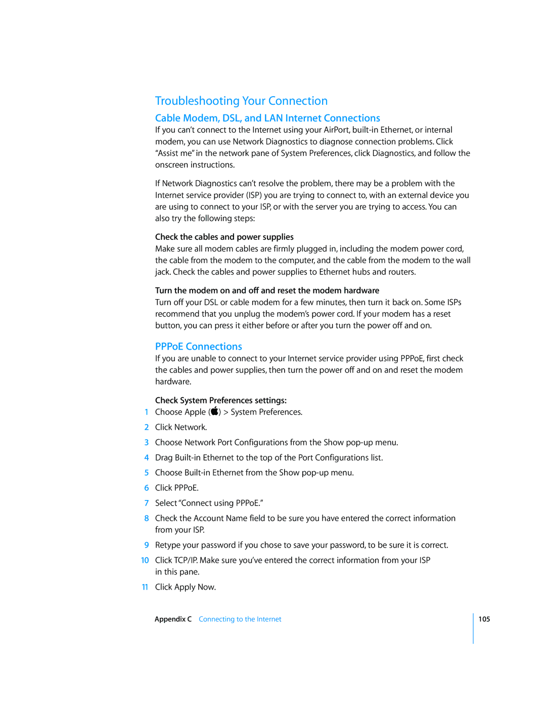 Apple G5 manual Troubleshooting Your Connection, Cable Modem, DSL, and LAN Internet Connections, PPPoE Connections 