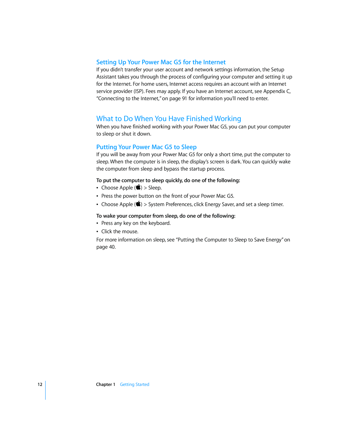 Apple manual What to Do When You Have Finished Working, Setting Up Your Power Mac G5 for the Internet 