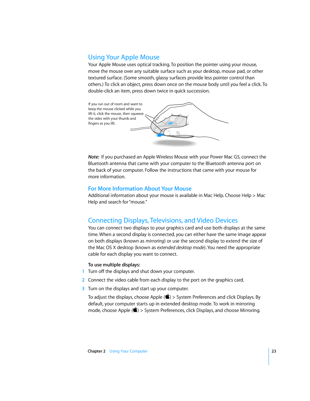 Apple G5 manual Using Your Apple Mouse, Connecting Displays, Televisions, and Video Devices, To use multiple displays 
