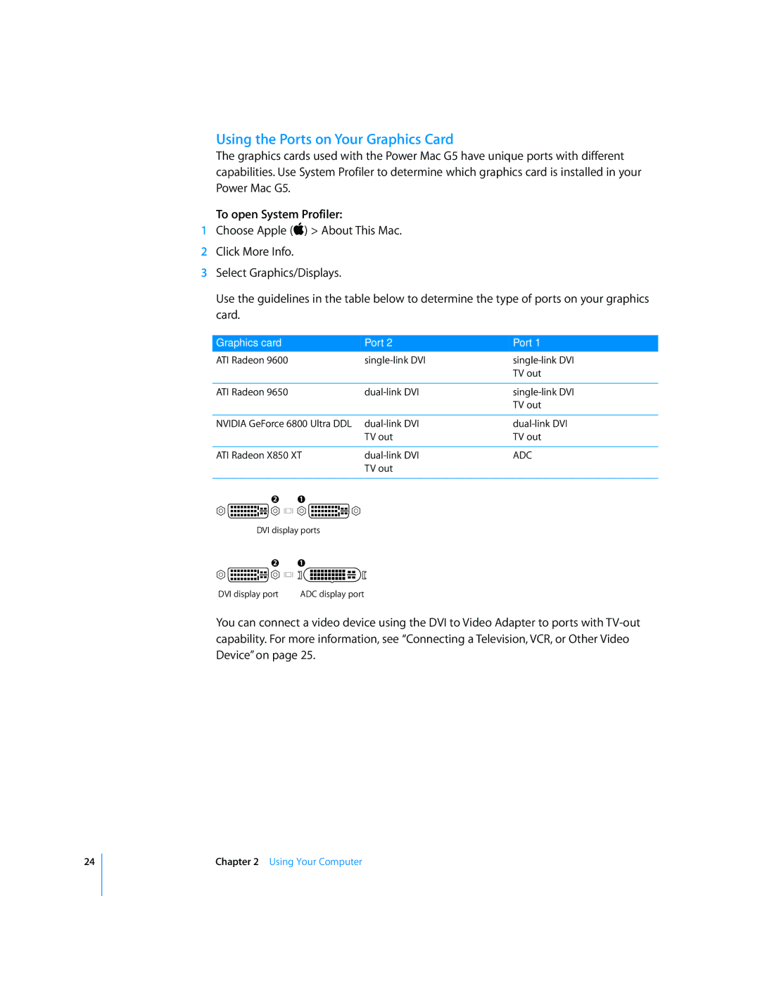 Apple G5 manual Using the Ports on Your Graphics Card, To open System Profiler 