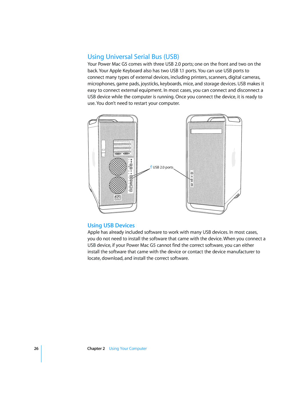 Apple G5 manual Using Universal Serial Bus USB, Using USB Devices 