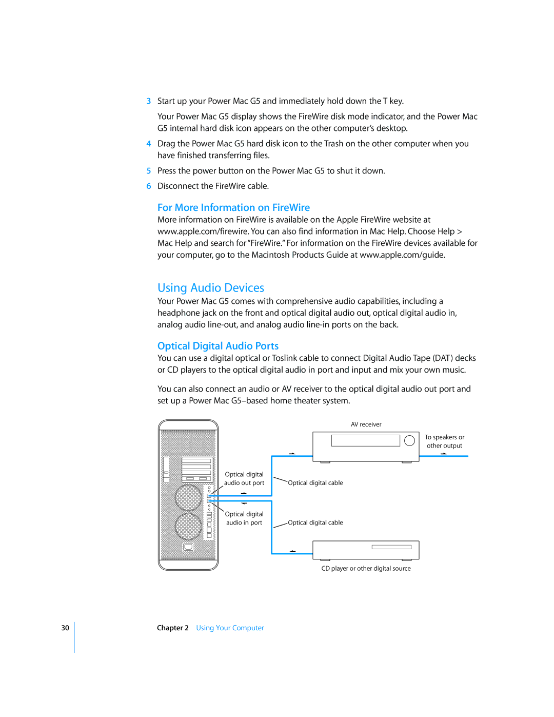 Apple G5 manual Using Audio Devices, For More Information on FireWire, Optical Digital Audio Ports 