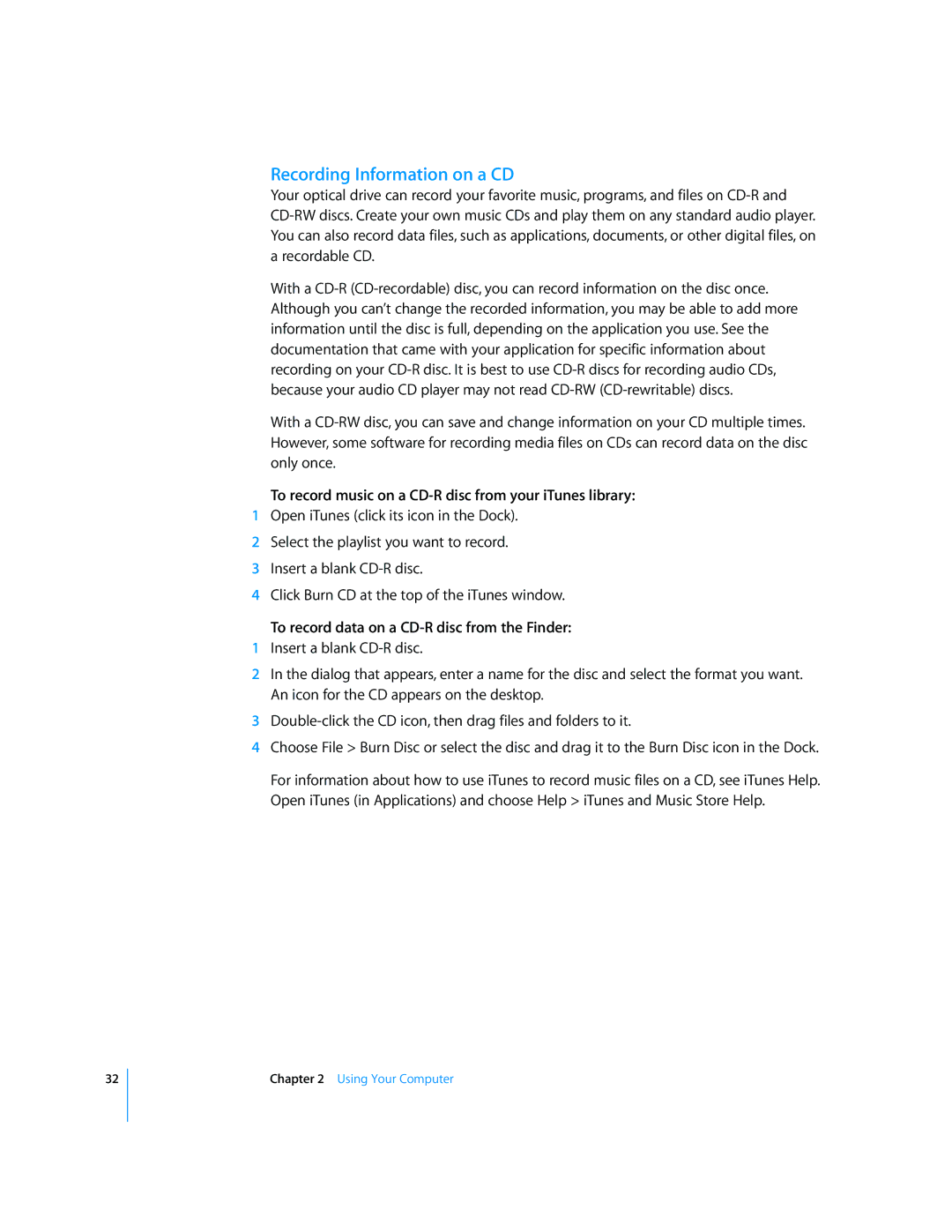 Apple G5 manual Recording Information on a CD, To record music on a CD-R disc from your iTunes library 