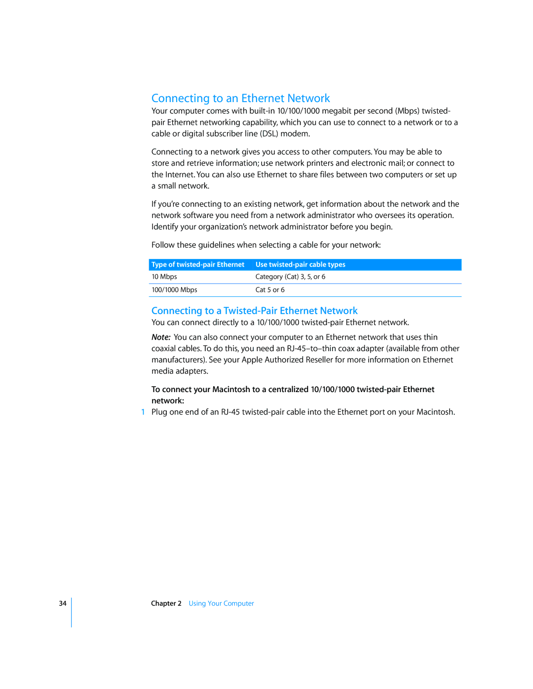 Apple G5 manual Connecting to an Ethernet Network, Connecting to a Twisted-Pair Ethernet Network 