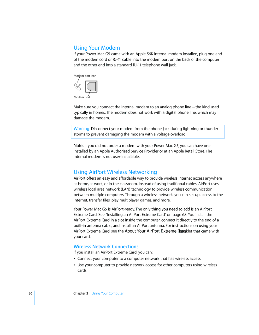 Apple G5 manual Using Your Modem, Using AirPort Wireless Networking, Wireless Network Connections 