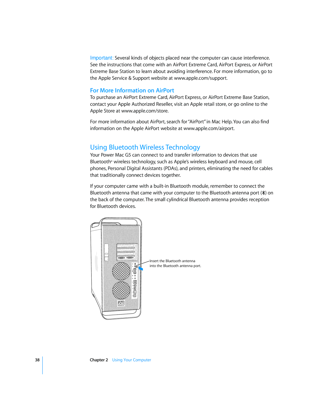 Apple G5 manual Using Bluetooth Wireless Technology, For More Information on AirPort 