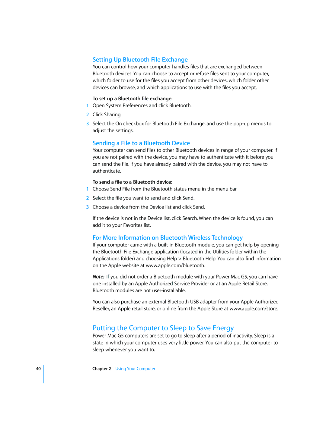 Apple G5 manual Putting the Computer to Sleep to Save Energy, Setting Up Bluetooth File Exchange 