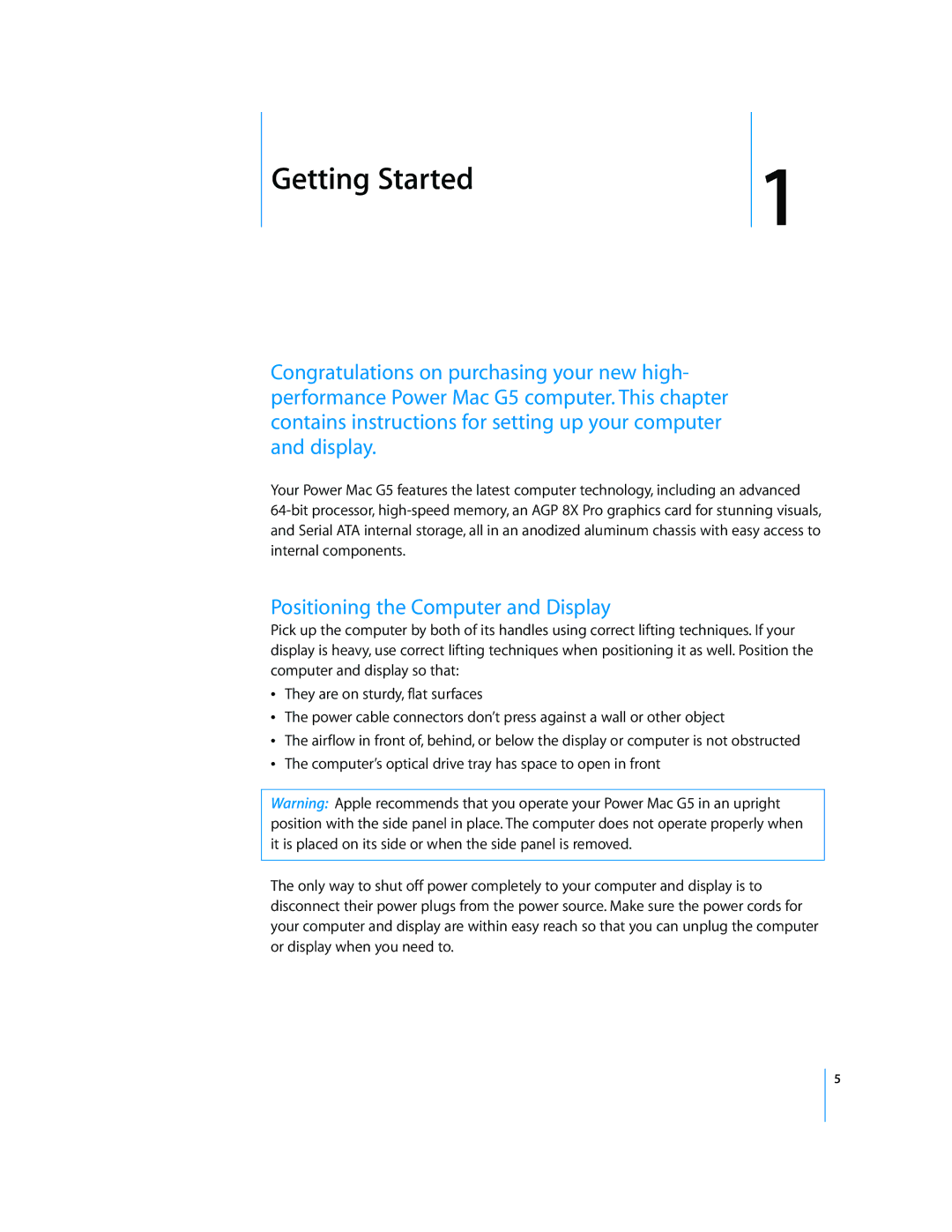 Apple G5 manual Getting Started, Positioning the Computer and Display 