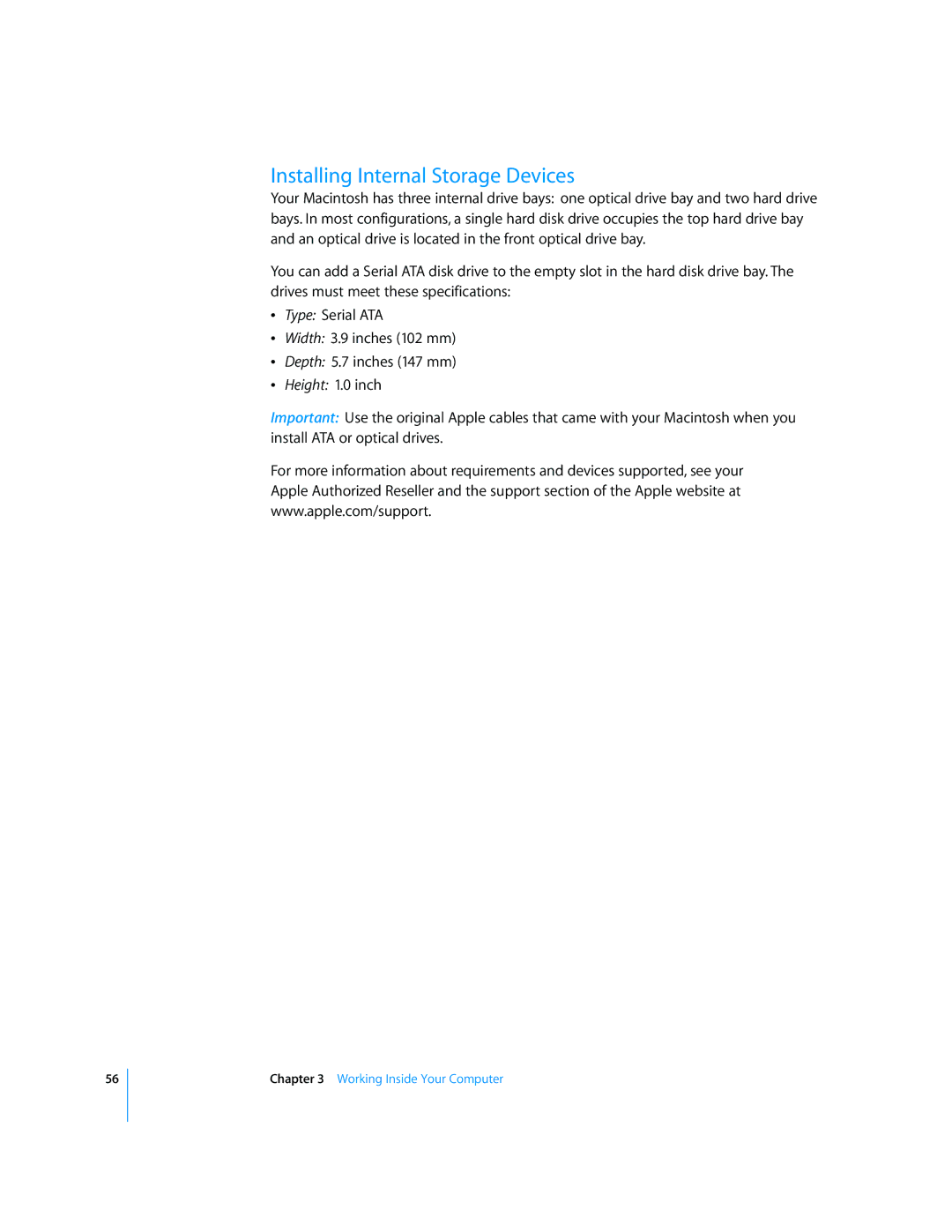 Apple G5 manual Installing Internal Storage Devices, Height 1.0 inch 