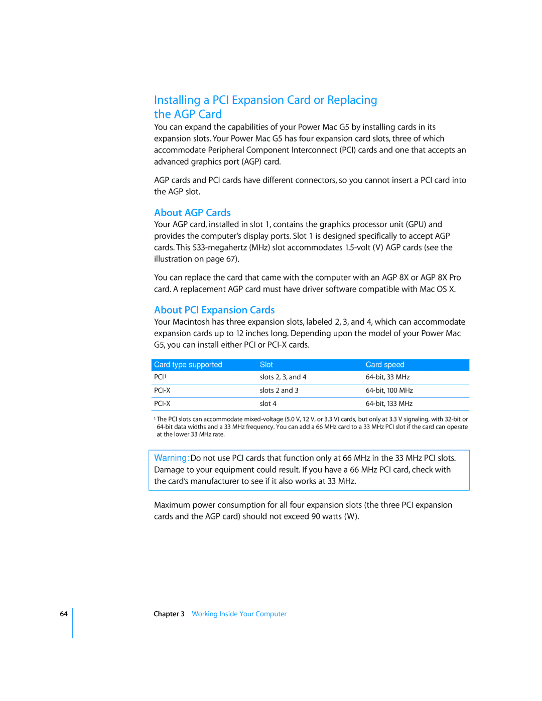 Apple G5 manual Installing a PCI Expansion Card or Replacing the AGP Card, About AGP Cards, About PCI Expansion Cards 
