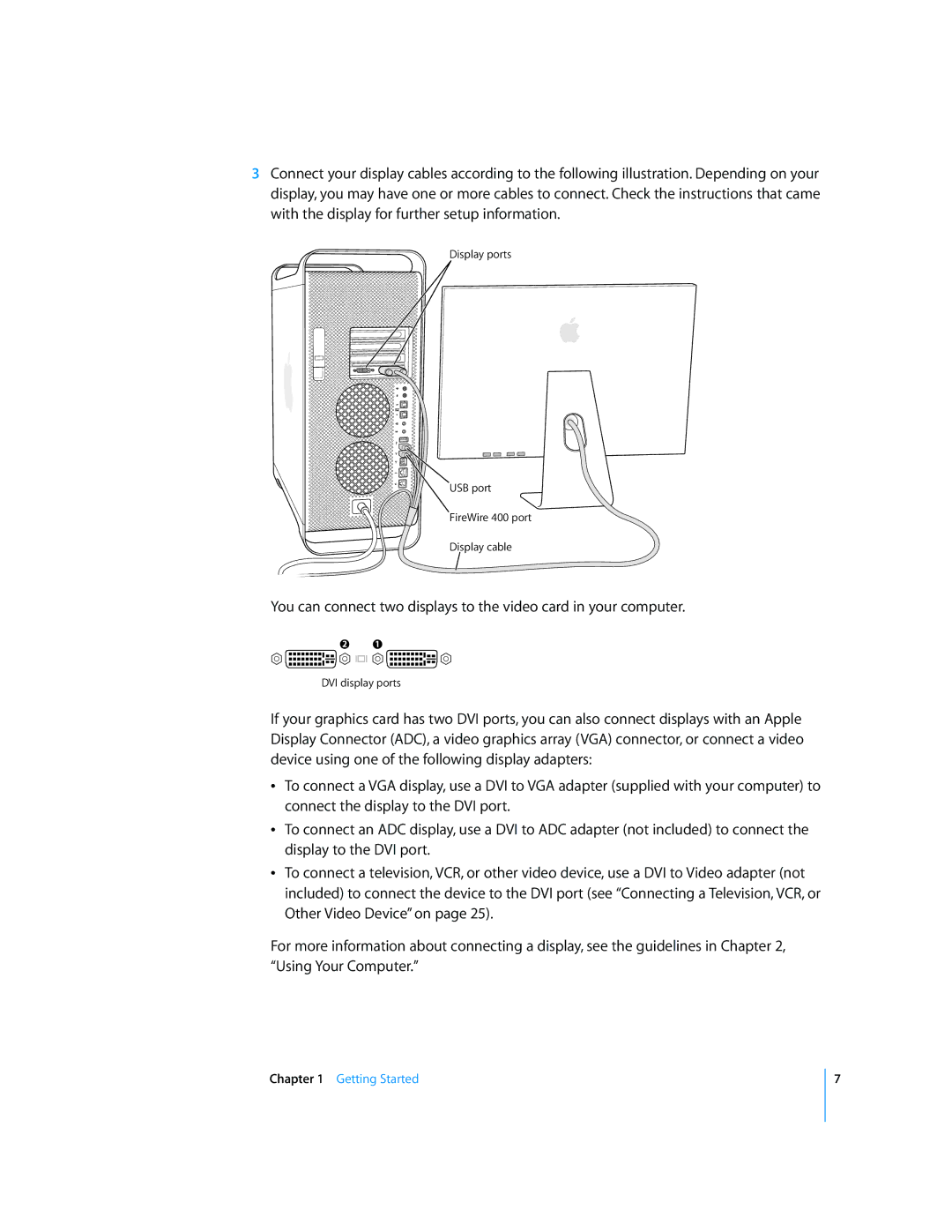Apple G5 manual Display ports USB port FireWire 400 port Display cable 