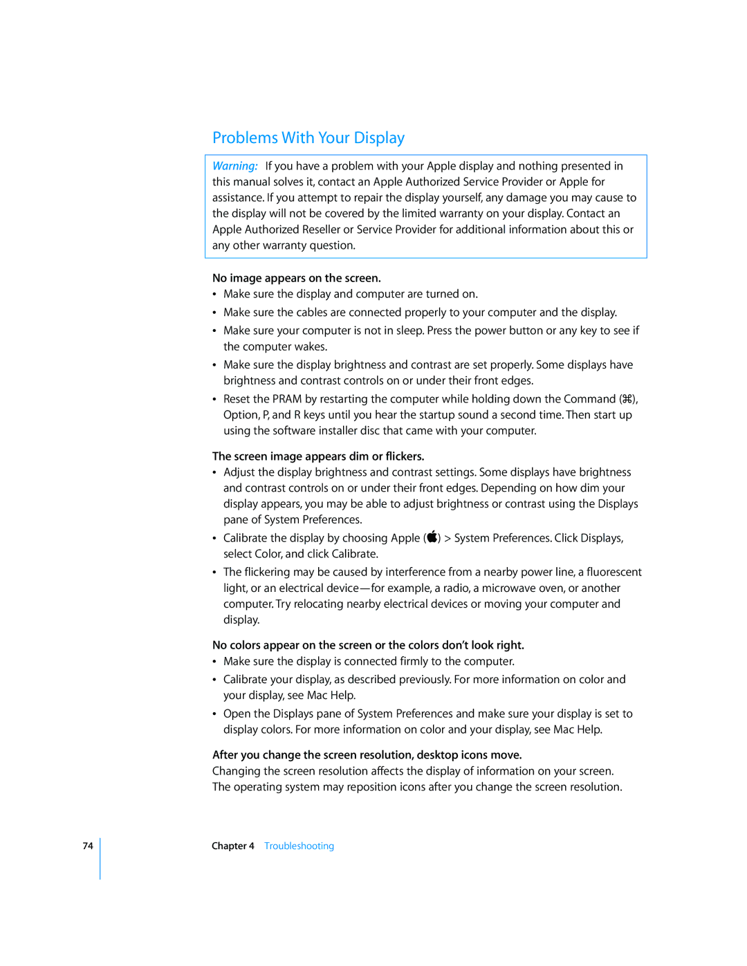 Apple G5 manual Problems With Your Display, No image appears on the screen, Screen image appears dim or flickers 