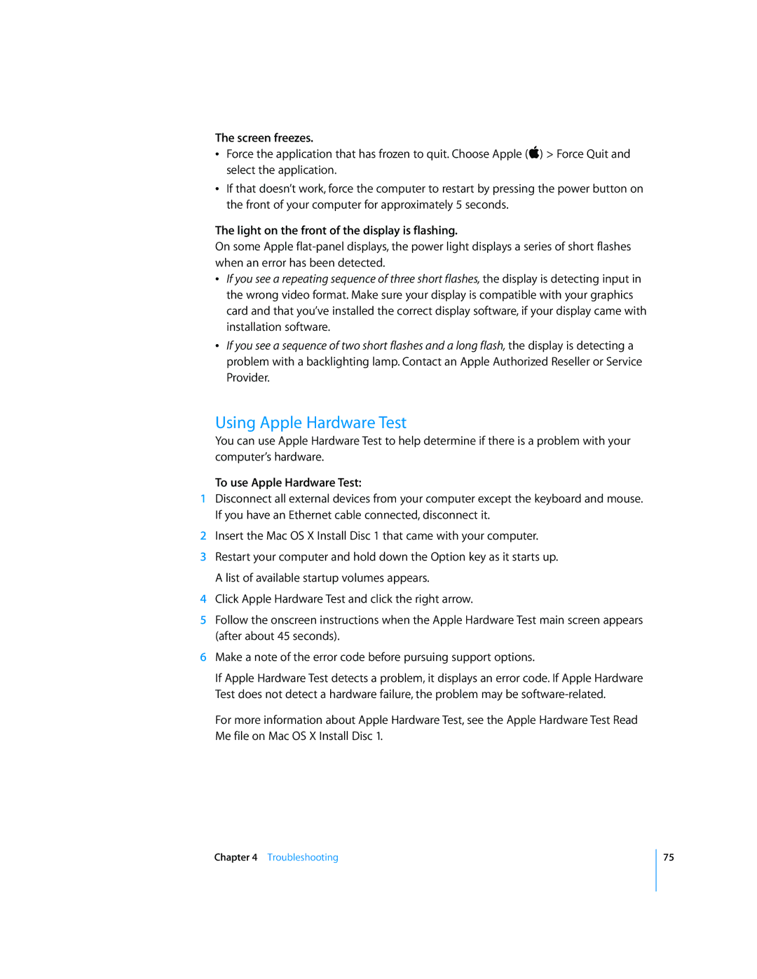 Apple G5 manual Using Apple Hardware Test, Screen freezes, Light on the front of the display is flashing 