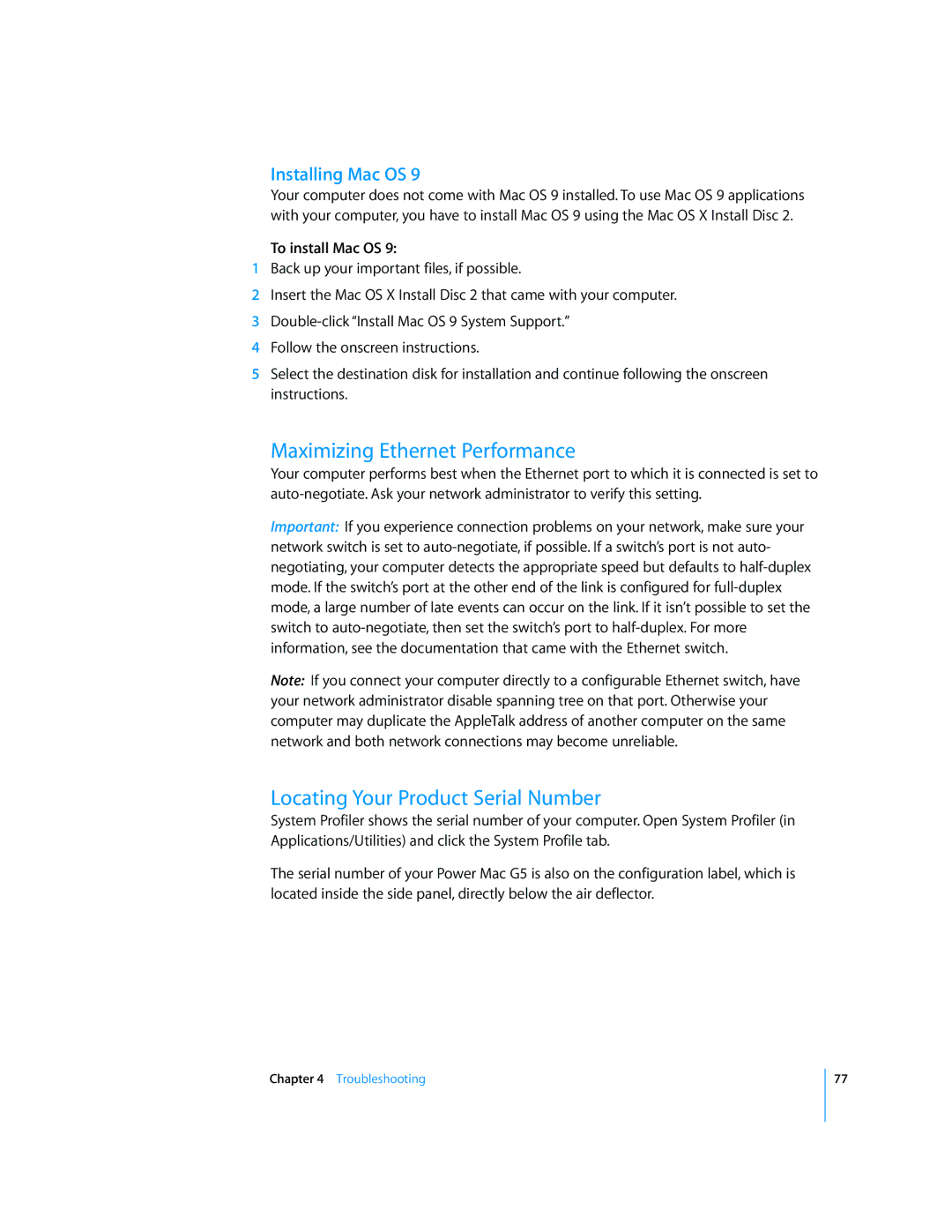 Apple G5 manual Maximizing Ethernet Performance, Locating Your Product Serial Number 