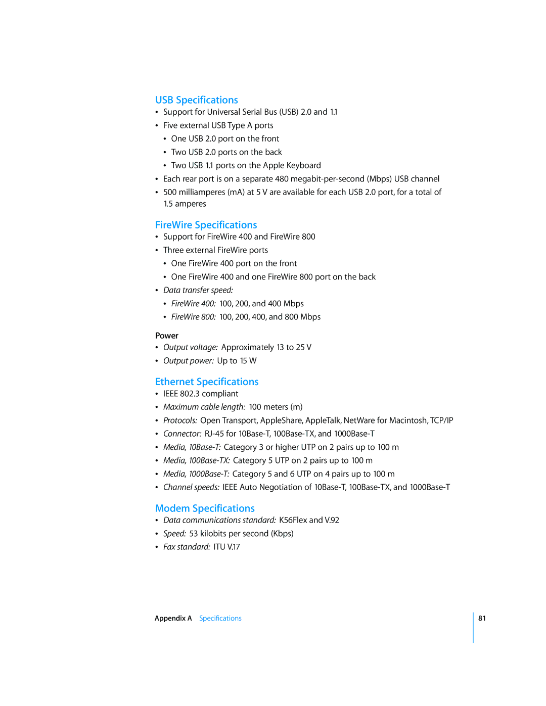 Apple G5 manual USB Specifications, FireWire Specifications, Ethernet Specifications, Modem Specifications, Power 