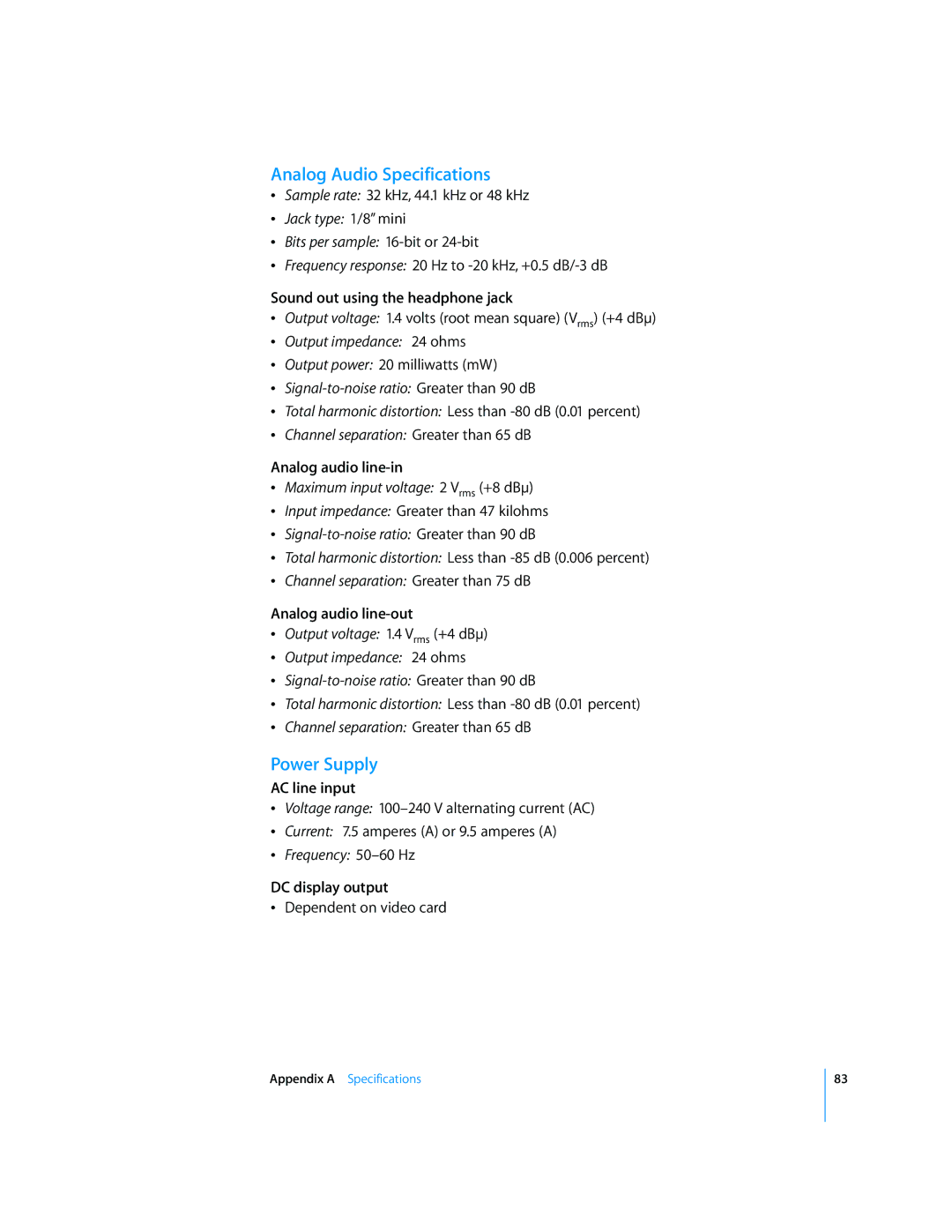 Apple G5 manual Analog Audio Specifications, Power Supply 