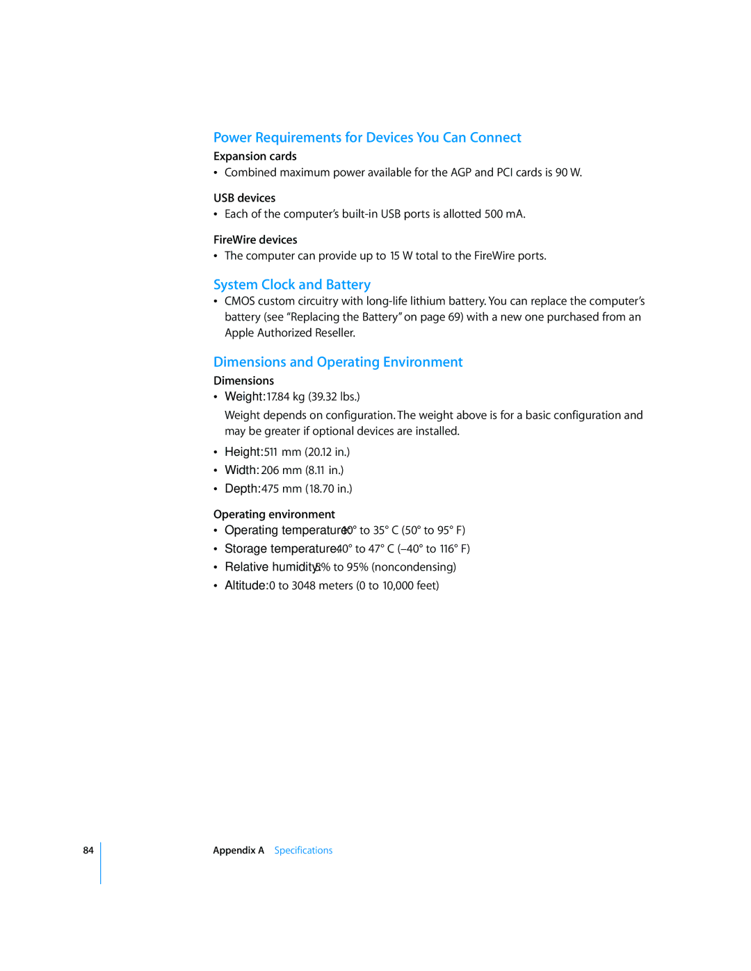 Apple G5 Power Requirements for Devices You Can Connect, System Clock and Battery, Dimensions and Operating Environment 