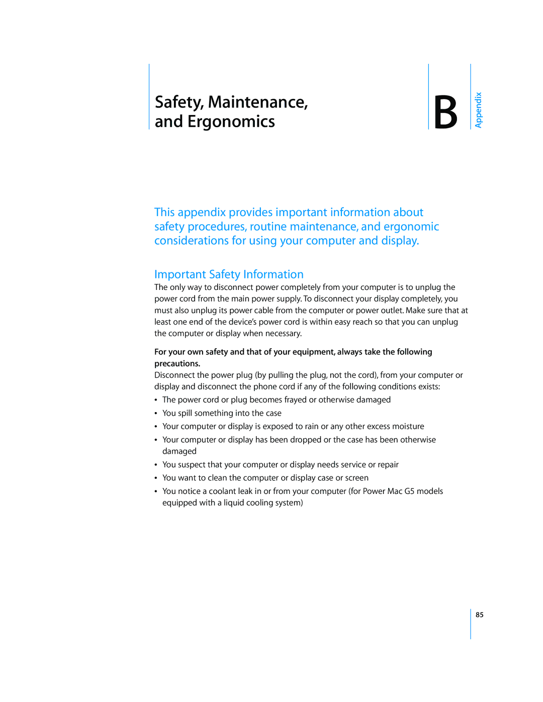 Apple G5 manual Safety, Maintenance, Important Safety Information 