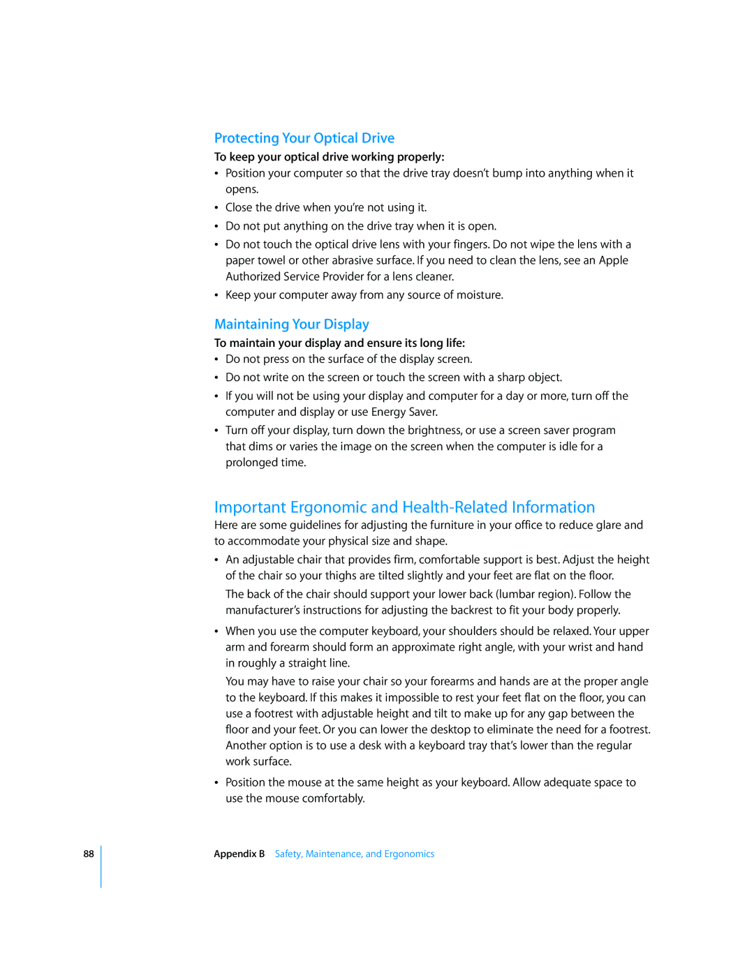 Apple G5 manual Important Ergonomic and Health-Related Information, Protecting Your Optical Drive, Maintaining Your Display 