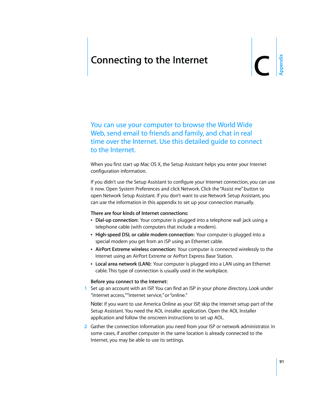 Apple G5 manual There are four kinds of Internet connections, Before you connect to the Internet 